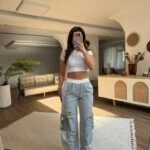 KUMAŞ MİX YIRTIK DETAY KARGO JEAN PANTOLON - EKRU