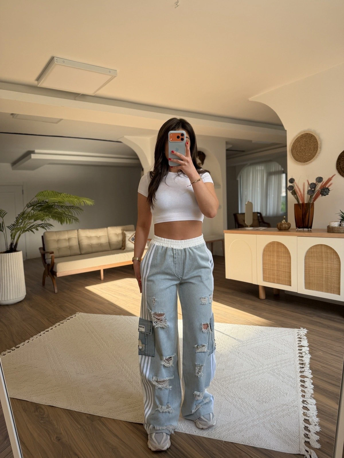 KUMAŞ MİX YIRTIK DETAY KARGO JEAN PANTOLON - EKRU - Görsel 1