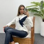 KUŞ BASKI KAPÜŞONLU KANGRU CEP SWEAT - BEYAZ