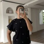 KUŞGÖZÜ DETAY DÜŞÜK KOL PAMUK TİŞÖRT - SİYAH