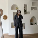 BEL KUŞAK ASTARSIZ İNCE CEKET ARKA BEL LASTİK PANTOLON TENSEL TAKIM - LACİVERT