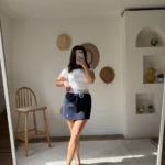 BEL LASTİKLİ ÇİZGİ ETEK UCU NAKIŞLI PAMUK ETEK - LACİVERT