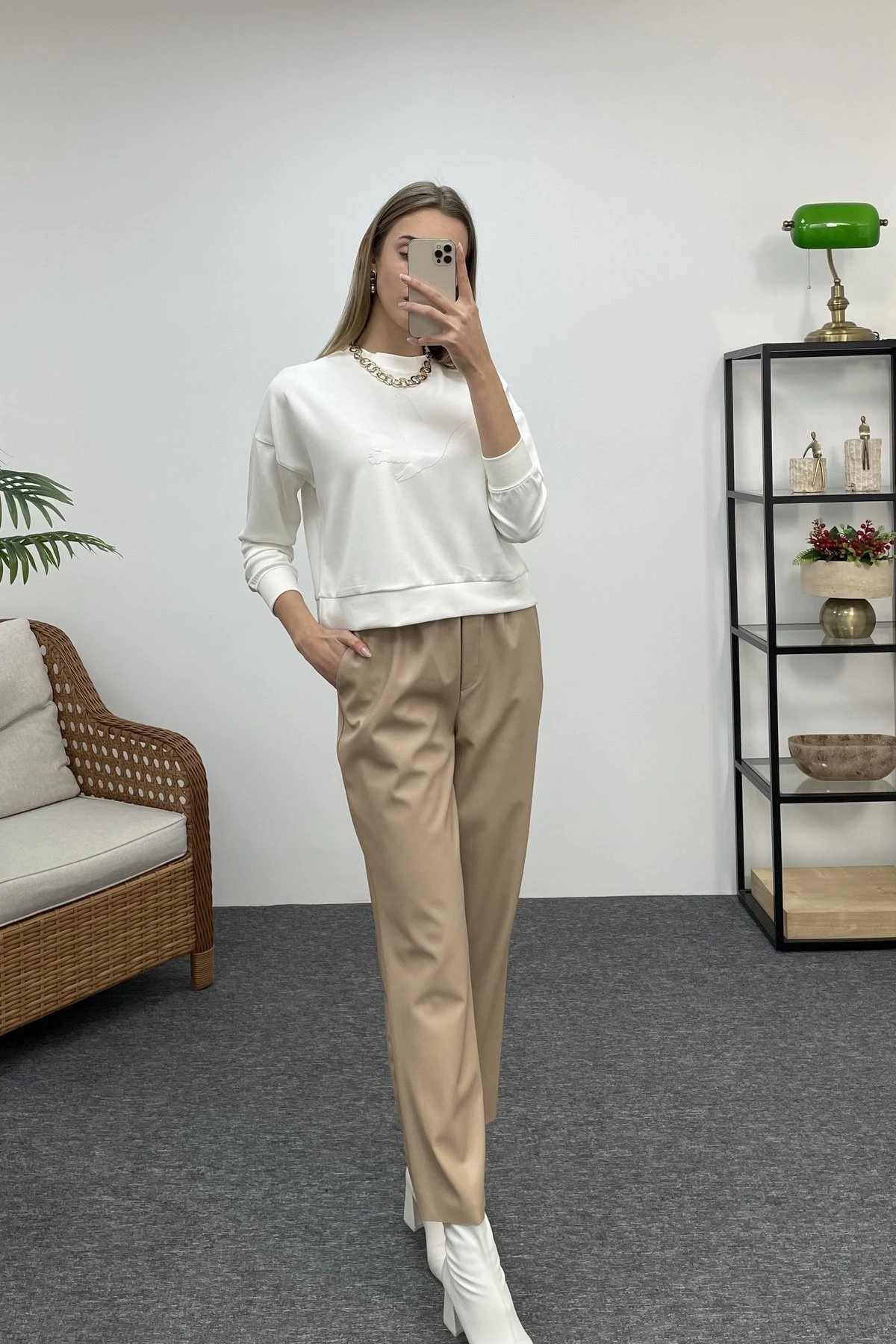 LASTİK BEL PALAZZO DERİ PANTOLON - BEJ - Görsel 1