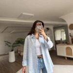 LAZER KESİM DESENLİ PAMUK SALAŞ GÖMLEK - MAVİ