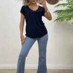 LAZER KESİM YAKA KISA KOL VİSKON TİŞÖRT - SİYAH