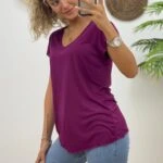 LAZER KESİM YAKA KISA KOL VİSKON TİŞÖRT - MÜRDÜM