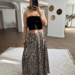 LEOPAR DESEN SATEN GÖRÜNÜM KIRIŞIK ETEK - BEJ LEOPAR