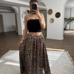 LEOPAR DESEN SATEN GÖRÜNÜM KIRIŞIK ETEK - KAHVE LEOPAR