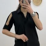 LİKRALI KOL DEKOLTELİ KISA KOL GÖMLEK - SİYAH