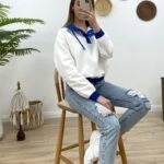 MAVİ KAPİŞONLU SWEAT - EKRU