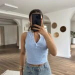 METAL DÜĞME BİSİKLET YAKA PAMUK CROP - MAVİ