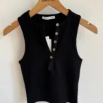 METAL DÜĞME BİSİKLET YAKA PAMUK CROP - SİYAH