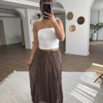 MODAL KARIŞIM KIRIŞIK BEL LASTİK ASTARLI ETEK - KAHVE