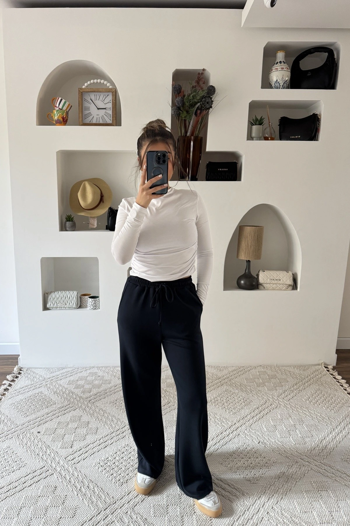 MODAL KUMAŞ CEPLİ BOL PAÇA EŞOFMAN - FÜME - Görsel 1