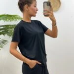 MODAL RİBANALI TİŞÖRT  EŞOFMAN TAKIM - SİYAH