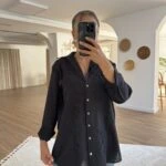 NAKIŞ İŞLEME PAMUK SALAŞ GÖMLEK - SİYAH