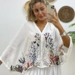 NAKIŞ İŞLEME YARASA KOL GÖMLEK - EKRU