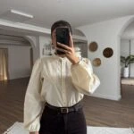 NERVÜRLÜ DANTEL DETAY PAMUK KETEN GÖMLEK - KREM