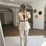 OMUZ APOLET KEMERLİ UZUN YELEK PANTOLON PAMUK TAKIM - TAŞ