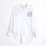 OMUZ ÇİZGİLİ YOU ARE YAZI NAKIŞ ARKA UZUN GÖMLEK - BEYAZ-SİYAH