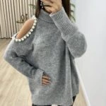 OMUZ DEKOLTE İNCİ DETAY BALIKÇI YAKA KAZAK - GRİ