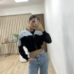 OMUZ JEAN DETAY ŞİFON FERMUARLI CROP CEKET - MAVİ