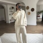 OMUZ TAŞ BASKI SÜS CEP PAMUK KETEN SWEAT TAKIM - TAŞ