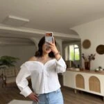 OMUZ TÜL TAŞ BASKI MADONNA YAKA PAMUK GÖMLEK - BEYAZ