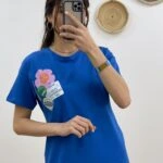 ÖN ARKA BASKILI BİSİKLET YAKA TİŞÖRT - SAKS