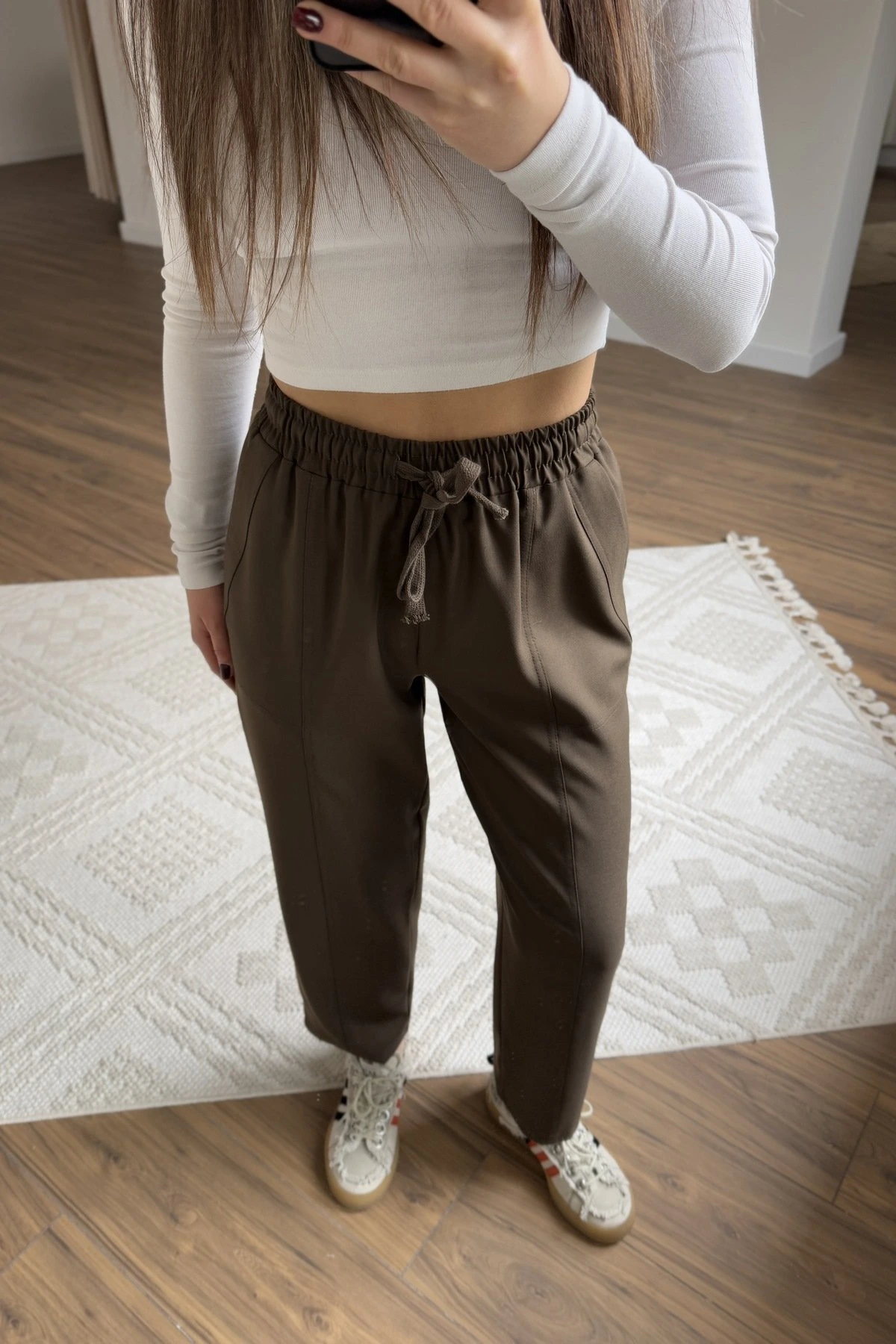 ÖN ARKA DİKİŞ BEL LASTİK BALON MODEL VİSKON RAHAT PANTOLON - KAHVE - Görsel 1