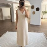 ÖN ARKA V ARKA YIRTMAÇLI TENSEL ELBİSE - TAŞ