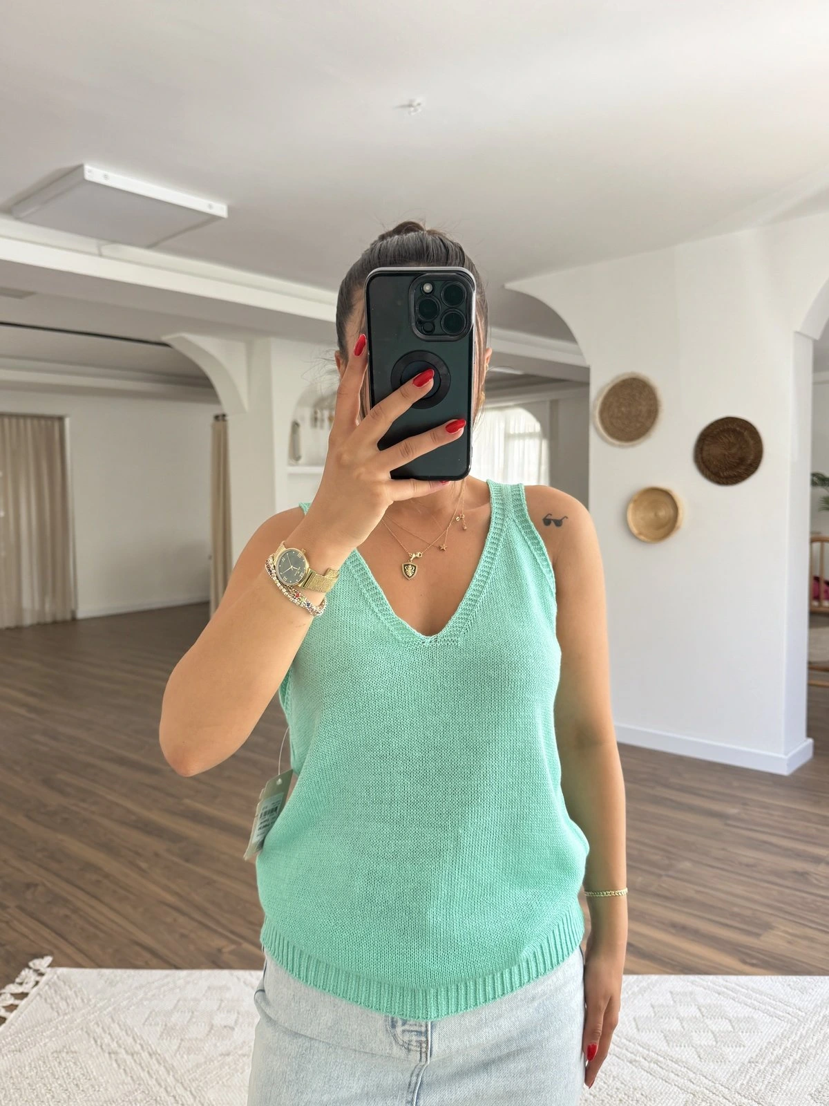 ÖN ARKA V YAKA MERSERİZE TRİKO VİSKON PAMUK ATLET - MİNT YEŞİLİ - Görsel 1