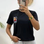 ÖN BONCUK VE NAKIŞLI KISA TİŞÖRT - SİYAH