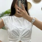 ÖN BÜZGÜ TAŞLI CROP - EKRU