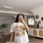 ÖN ÇİÇEK BASKI PAMUK SALAŞ TİŞÖRT - EKRU