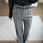 ÖN ÇİFT BRİT VİSKON PALAZZO KEMERLİ PANTOLON - GRİ