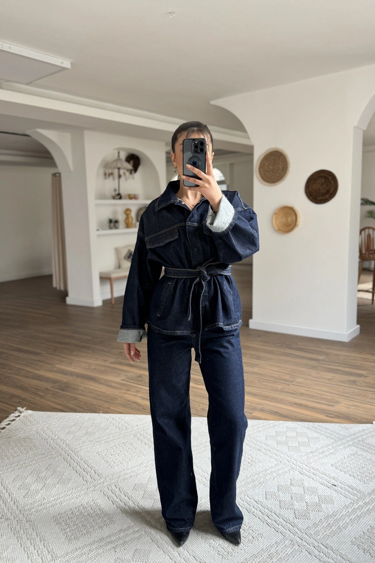 ÖN ÇITÇIT BELKEMERLİ CEKET PANTOLON JEAN TAKIM - LACİVERT - Görsel 1