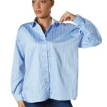 ÖN ÇİZGİLİ ARKA DÜZ RENK PAMUK GÖMLEK - MAVİ BEYAZ