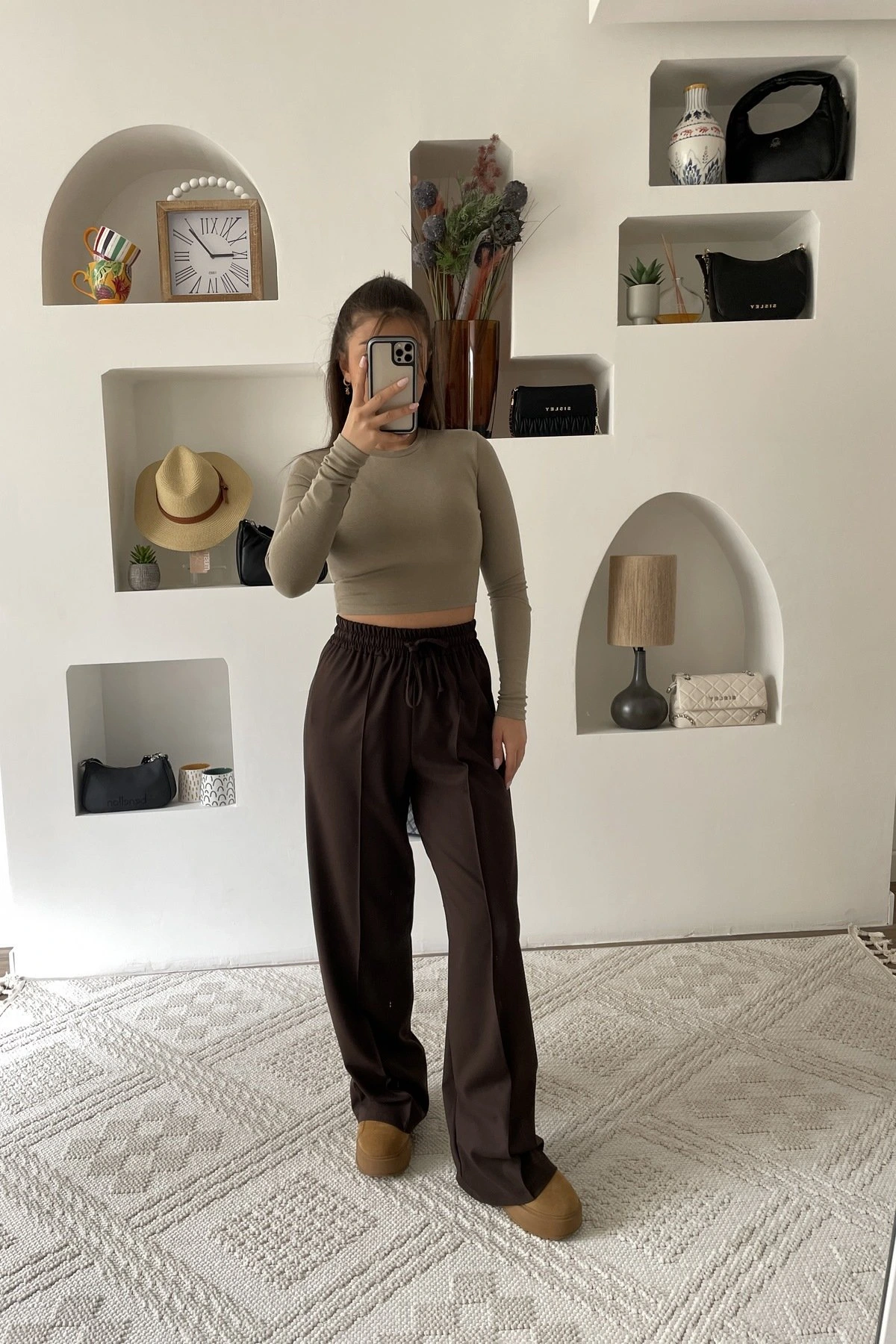 ÖN DİKİŞ BEL LASTİK BOL PAÇA VİSKON PANTOLON - KAHVE - Görsel 1