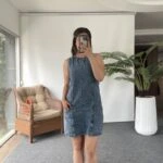 ÖN DİKİŞ CEP DETAY KISA JEAN ELBİSE - MAVİ