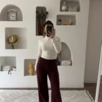 ÖN DİKİŞ SELANİK ÖRGÜ BEL LASTİK PAMUK PANTOLON - BORDO