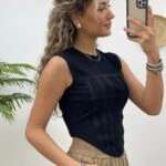 ÖN DİKİŞLİ SIFIR KOL CROP - SİYAH
