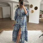 ÖN DÜĞMELİ ETEĞİ FIRFIR PAMUK UZUN ELBİSE - LACİVERT