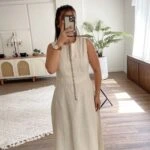 ÖN FERMUAR SPOR DİKİŞ MAXİ BOY KETEN ELBİSE - NATUREL