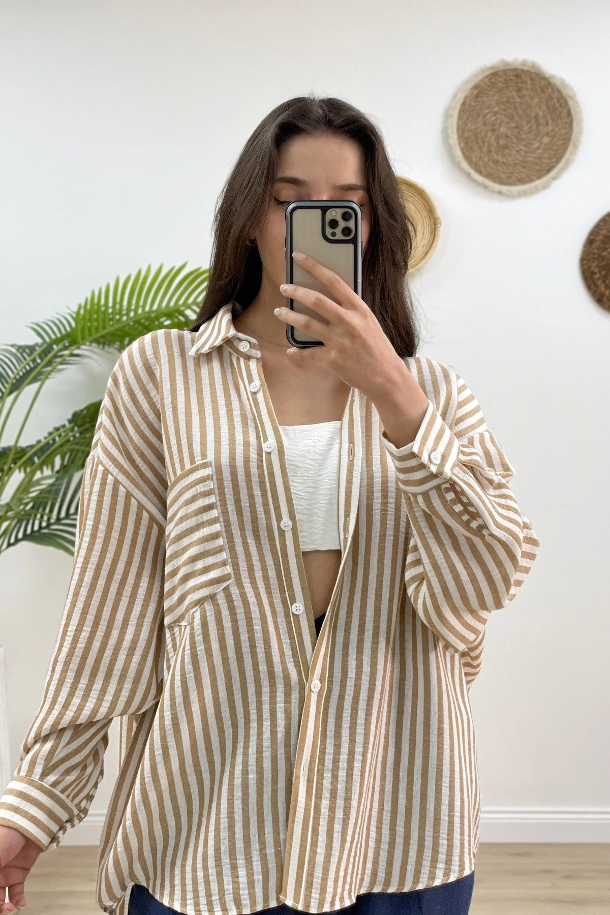 ÖN İÇ PARÇA KUMAŞ SALAŞ ÇİZGİLİ GÖMLEK - CAMEL - Görsel 1