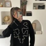 ÖN İNCİ TAŞ ÇAKIM YAN YIRTMAÇ BİSİKLET YAKA KAZAK - SİYAH