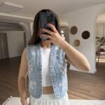 ÖN NAKIŞ PUL İŞLEME DETAY PAMUK KISA JEAN YELEK - MAVİ