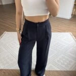 ÖN PİLİ TENSEL BOL PAÇA PALAZZO PANTOLON - LACİVERT