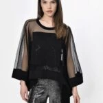 ÖN PUL DİKİŞ SALAŞ ŞİFON BLUZ - SİYAH