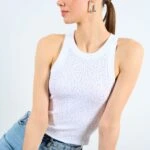 ÖN TAŞ BASKI HALTER YAKA FİTİLLİ PAMUK ATLET - BEYAZ